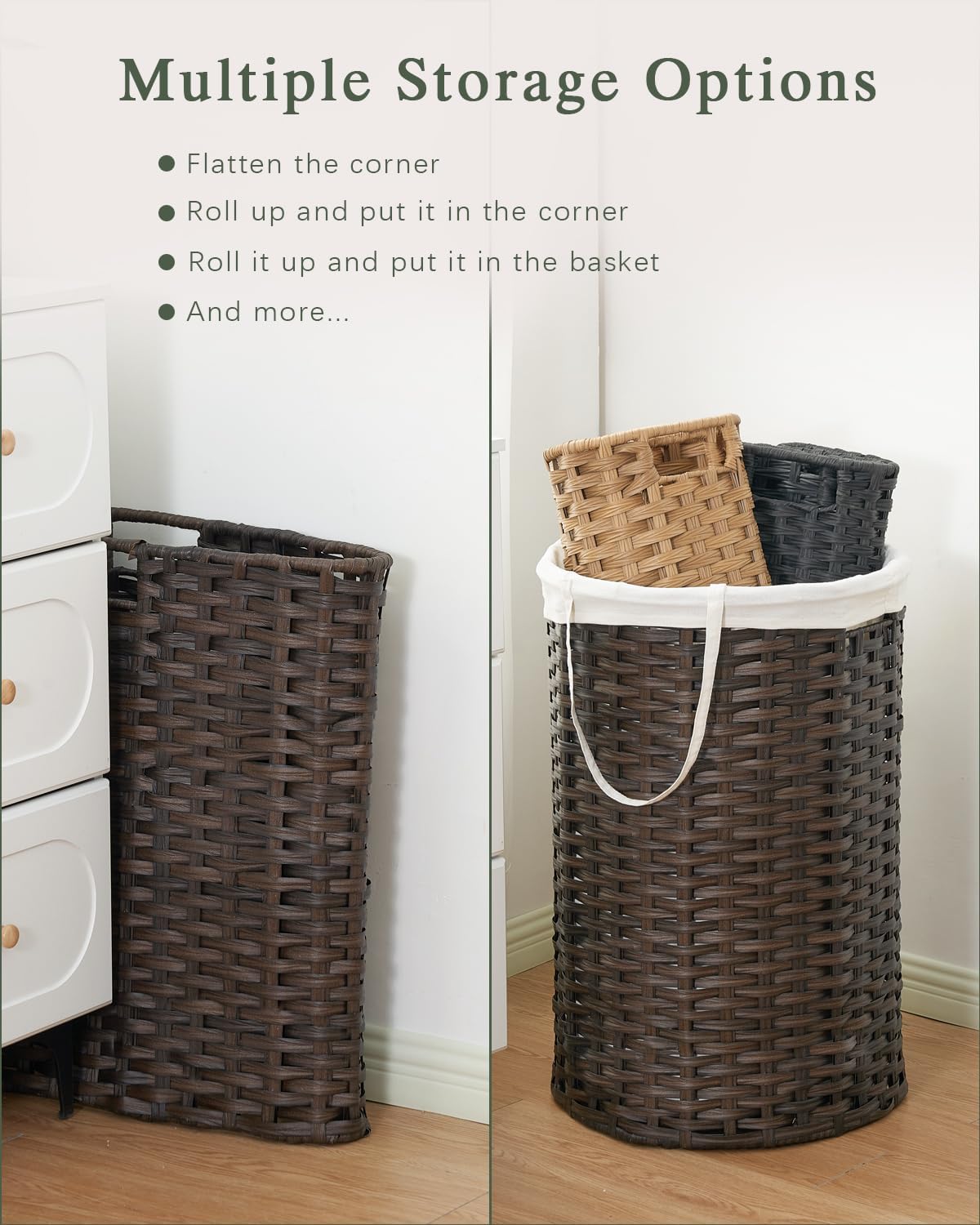 SETVSON Laundry Basket with Lid Round Rattan Laundry Hamper with Lid and Handles 29.1 Gal (110 L) Handwoven Woven Basket with Removable Bags and 2 Mesh Bags for Bathroom Living Room Brown